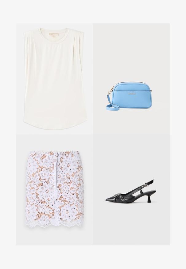 Top branco sem mangas feito de um tecido liso, com um decote redondo e pregas subtis nos ombros, apresentando uma bainha curva.; Saia branca de renda com padrão floral, bainha em forma de leque e adornos discretos. Apresenta um design ajustado e fecho de zíper oculto nas costas.; Sapato slingback em couro preto com biqueira fina, tiras decorativas com ilhós de metal e um pequeno salto quadrado. Superfície texturizada.; Bolsa crossbody em couro azul claro com acessórios em tom de ouro, fecho em zip, e um bolso frontal. Apresenta uma alça ajustável para conveniência.