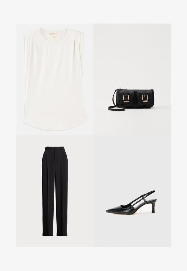 Valkoinen hihaton paita, joka on valmistettu sileästä kankaasta, pyöreällä kaula-aukolla ja hienovaraisilla pussituksilla hartioissa, kaarevalla helman ihanalla muotoilulla.; Mustat räätälöidyt housut, joissa on korkea vyötärö, etupuolella laskokset, suora lahjeturmu ja käännetty helma. Valmistettu sileästä kankaasta.; Musta patent slingback-kiilakorko teräväkärkisellä muotoilulla, jossa on teksturoitu käärmeennahkakuosi, säädettävä remmi ja lyhyt, teksturoitu blokkiheel.; Musta nahkainen olkalaukku, jossa on kaksi etutaskua, kultaiset soljet, vetoketjukiinnitys ja kapea hihna. Teksturoidun pinnan ja kompaktin suorakaiteen muoto.