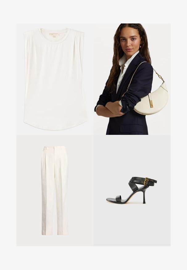 Top sans manches blanc en tissu lisse, avec un col rond et de légères plis aux épaules, et un ourlet incurvé.; Polo Ralph Lauren HEMP WIDE LEG PANT - Pantalon classique - nevis; Sandale à talons noirs avec des straps croisés et une boucle ajustable. Elle présente une texture lisse et un talon aiguille effilé.; Sac en cuir blanc à la forme arrondie, avec des accessoires en or et une finition texturée, porté sur un blazer sombre et une chemise blanche.
