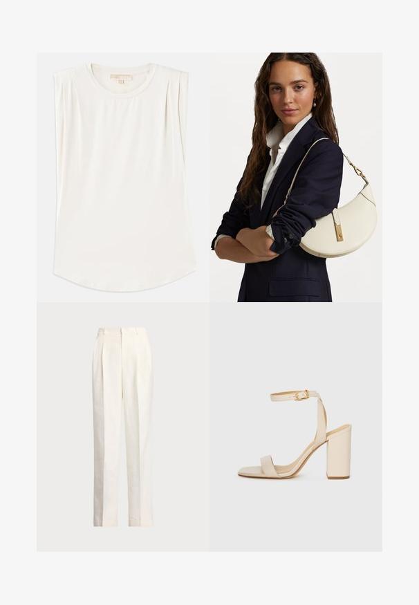 Top sans manches blanc en tissu lisse, avec un col rond et de légères plis aux épaules, et un ourlet incurvé.; Polo Ralph Lauren HEMP WIDE LEG PANT - Pantalon classique - nevis; Sandale à talon haut beige avec un bout carré, une fine bride de cheville et un talon carré. Texture en cuir lisse avec un détail de boucle dorée.; Sac en cuir blanc à la forme arrondie, avec des accessoires en or et une finition texturée, porté sur un blazer sombre et une chemise blanche.