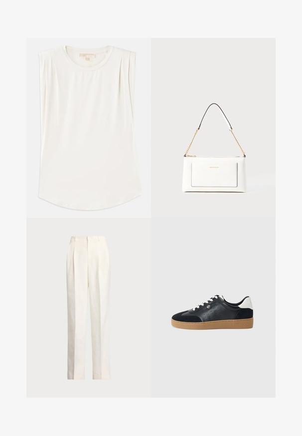 White sleeveless top made of smooth fabric, featuring a round neck and subtle pleats on the shoulders, with a curved hemline.; Polo Ralph Lauren HEMP WIDE LEG PANT - Trousers - nevis; Black leather and suede sneaker with a light brown rubber sole. Features white laces and small perforations on the sides. Michael Kors logo present.; White leather handbag with a textured finish, featuring a gold chain strap and black accents. Includes a front pocket and zipper closure.