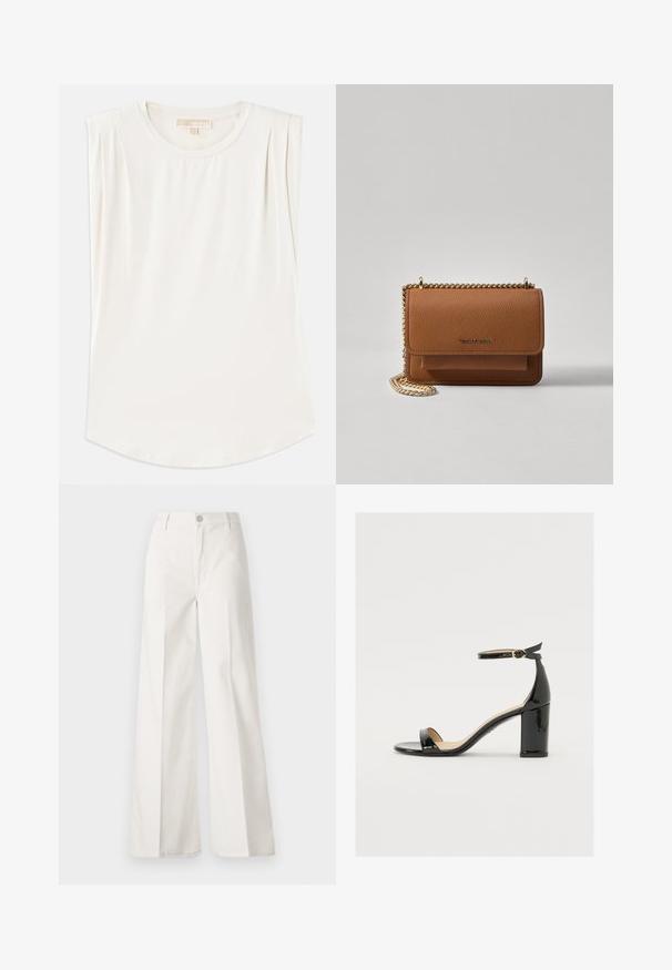 Bijela bezrukavna majica od glatke tkanine, s okruglim izrezom i suptilnim plitkim nabranjima na ramenima, s zakrivljenim donjim rubom.; Bijele široke hlače izrađene od pamuka s glatkom teksturom. Imaju prednji gumb, patentni zatvarač i dizajn s četiri džepa.; Crne lakirane sandale s širokim potpeticama, otvorenim prstima i remenom oko gležnja s zlatnom kopčom. Glatka tekstura i elegantan dizajn.; Smeđa kožna torba preko tijela s teksturom, zlatnim lančićem i preklopom na zatvaranju. Na prednjoj strani nalazi se detalj s potpisom i džep ispod preklopa.