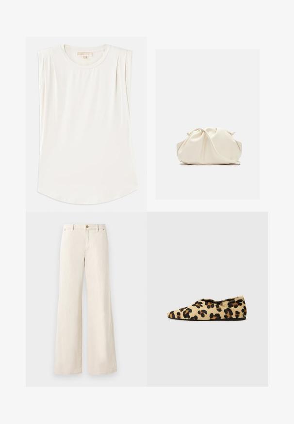 Biały bezrękawnik wykonany z gładkiego materiału, z okrągłym dekoltem i subtelnymi plisami na ramionach, z zaokrąglonym dołem.; Beżowe spodnie o szerokich nogawkach, wykonane z bawełny o gładkiej fakturze. Posiadają zapięcie na guzik, kieszenie z przodu oraz klasyczny fason pasa.; Płaskie buty w panterkę z miękkiego futra, z charakterystycznym stożkowym noskiem i niskim profilem. Naturalne odcienie z czarnymi akcentami.; Kremowa, miękka torba z sztucznej skóry o marszczonym wzorze, z regulowanym paskiem i subtelnym zapięciem na sznurek. Gładka faktura i zaokrąglony kształt.