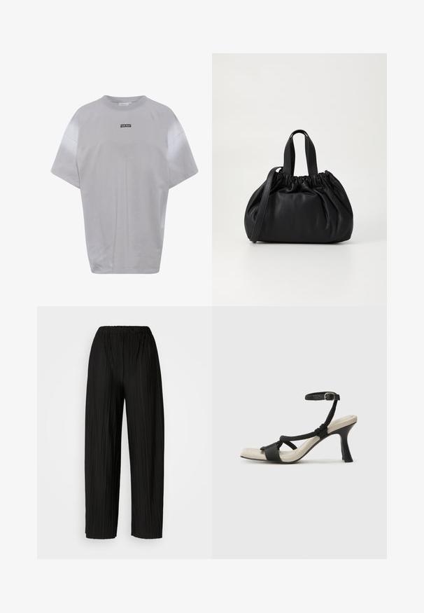 Heleda halli lühikese varrukaga T-särk, millel on ümar kaelus, lõtv istuvus ja väike must logo ees. Sile puuvillane kangas.; Mustad voodri laiad püksid elastse vöökoha ja vertikaalsete volangidega, millel on sile tekstuur.; Mustad musta kontsaga sandaal, millel on punutud rihma disain, ruudukujuline varvas ja reguleeritav pahkluu rihm. Heleda beeži värvi jalapadi ja läikiv must konts.; Mustmust mustkott mustrihmaga ülaosa disainiga, millel on kaks lühikest käepidet ja pikk reguleeritav rihm. Sile tekstuur, ümar kuju.