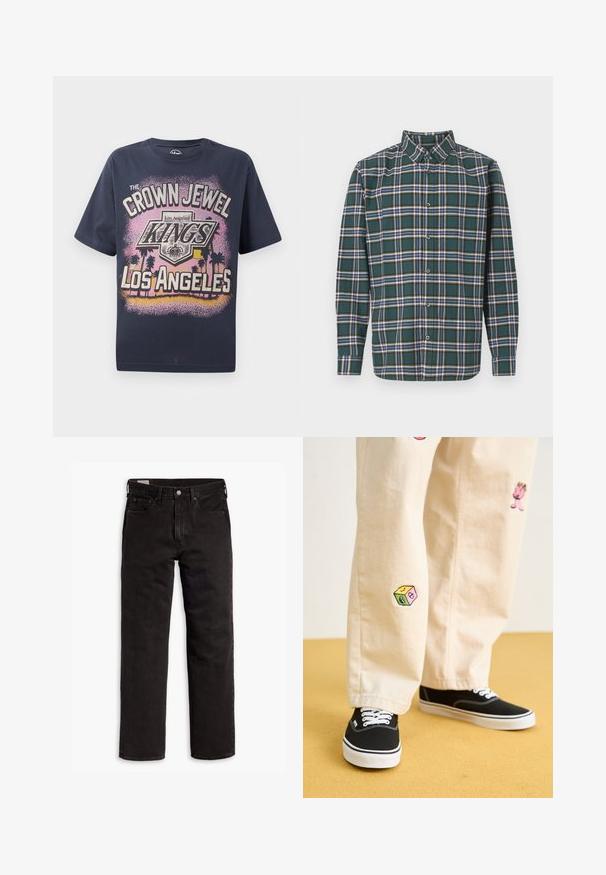 Mørkeblå bomullst-skjorte med grafisk trykk som viser teksten "CROWN JEWEL KINGS OF LOS ANGELES" og silhuetter av palmer.; Grønn flanellskjorte med rutete mønster som har blå, hvite og sennepsgule linjer. Knapper foran og spiss krage. Lange ermer.; Svarte rette dongeribukser med fem lommer, knappefeste og beltehemper, lagt flatt på en hvit bakgrunn.; Beige bomullsbukser med lekne broderte design, inkludert en rosa karakter og fargede blokker, kombinert med svarte snørebåndssko.