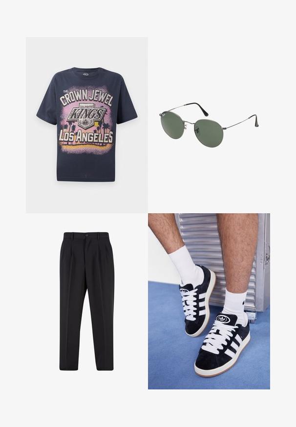 Mørkeblå bomulds t-shirt med grafisk tryk, der viser teksten "CROWN JEWEL KINGS OF LOS ANGELES" og silhuetter af palmer.; Sorte bukser med plisseret frontdesign, lavet af glat stof. Har knaplukning og bæltestropper; lige pasform.; Sorte ruskinds sneakers med hvide snørebånd og tre hvide striber. Har et rundt sort logo på tungen og en gummigummisål.; Metalrammede solbriller med ovale grønne linser. Tynd sølvmetalramme og sorte ørepropper. Minimalistisk design, ingen synlige logoer.