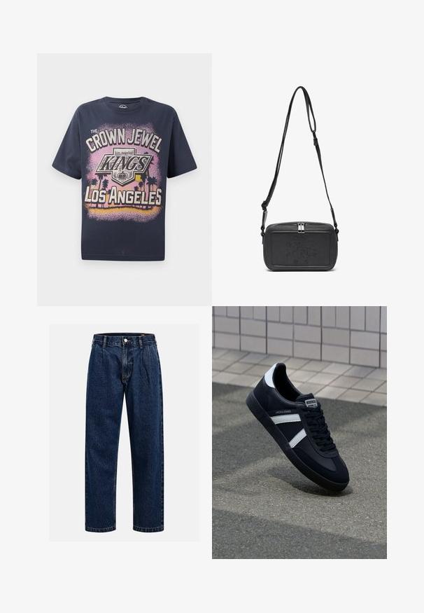 Tamno plava pamučna majica sa grafičkim otiskom koji sadrži tekst "CROWN JEWEL KINGS OF LOS ANGELES" i siluete palmi.; Tamno plave traperice s ravnim krojem. Imaju vidljivo šivanje, kopčanje na dugme i prednje nabore za dodatne detalje.; Crne kožne tenisice s bijelim prugama, strukturirana gumena potplate i vezanjem sprijeda. Ima oznaku brenda na jeziku.; Crna kožna torbica preko tijela s patentnim zatvaračem, ugraviranim logotipom sprijeda i podesivim remenom. Glatka tekstura s pravokutnim oblikom.