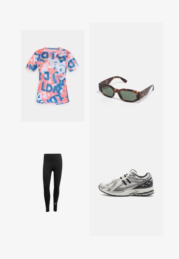 Camisa atlética de manga corta en tela de malla, con un vibrante patrón de letras rosas, azules y blancas, y con una marca en dorado.; Leggings negras para mujer confeccionadas en tejido elástico, con una cintura alta y un diseño sin costuras que incluye un panel trasero circular y un detalle de logo.; Zapatillas de running para hombre en malla blanca con acentos negros, que cuentan con una suela acolchada, diseño con cordones y una superficie texturizada para agarre.; Gafas de sol de carey con lentes rectangulares verdes, montura ancha y patillas gruesas. Presentan un diseño elegante y una textura de plástico suave.