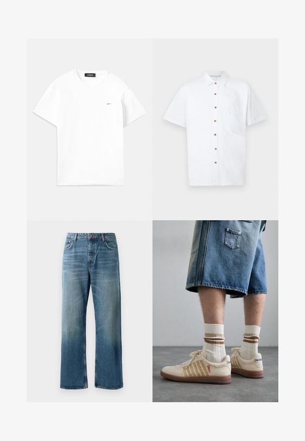 Bijeli pamučni majica kratkih rukava, s V-izrezom i malim srebrnim logotipom na lijevoj strani grudi. Jednostavan dizajn s glatkom teksturom.; Bijela košulja kratkih rukava od teškog platna, s gumbima sprijeda, džepom na prsima i drvenim gumbima kao ukrasima.; Svijetloplave traperice širokih nogavica s izblijedjelim pranjem, s jednim gumbom za zatvaranje, pet džepova i kontrastnim šavovima.; Bež retro tenisice sa smešnim gumiranim đonom, sa prugastim detaljima i izvezenim logotipima. Nose se sa belim čarapama i prugastim smešnim detaljem.