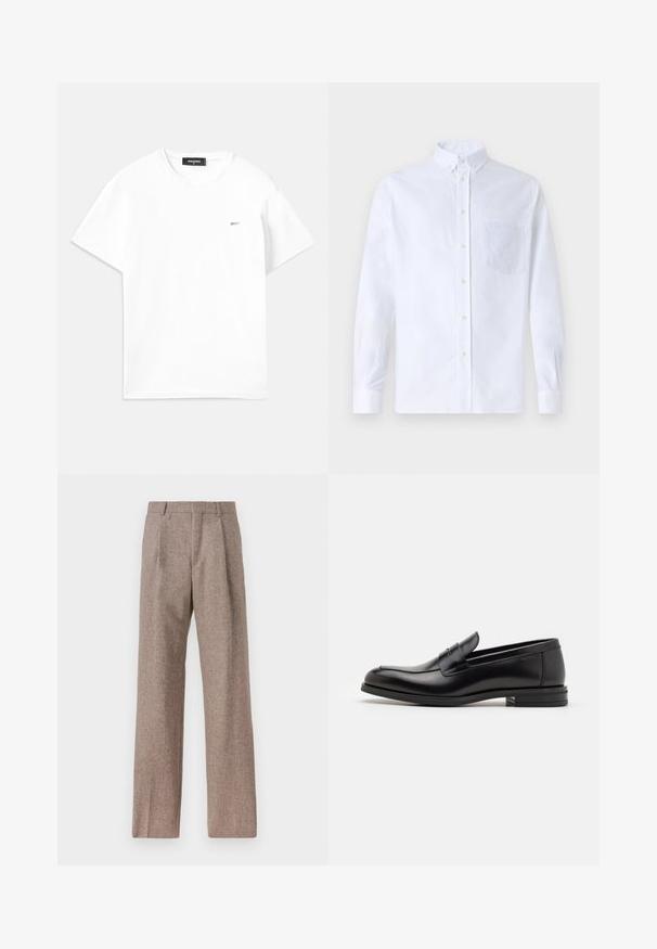 T-shirt bianca in cotone a maniche corte, con scollatura a V e un piccolo logo argentato sulla parte sinistra del petto. Design semplice con una texture liscia.; Camicia bianca a maniche lunghe con bottoni, realizzata in cotone, caratterizzata da una tasca sul petto con ricamo tonale, colletto e polsini con bottoni.; Pantaloni marroni a vita alta realizzati in tessuto testurizzato. Presentano gambe ampie e due pieghe frontali per struttura. Rifinitura curata senza hardware visibile.; Mocassini neri in pelle con una texture liscia, punta arrotondata e una striscia decorativa sulla tomaia. Tacco basso impilato, design minimalista.