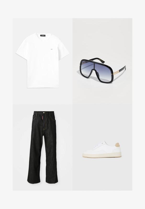 Λευκή βαμβακερή μπλούζα με κοντά μανίκια, V-λαιμό και ένα μικρό ασημένιο λογότυπο στην αριστερή περιοχή του στήθους. Απλή σχεδίαση με λεία υφή.; Μαύρα τζιν ίσιας γραμμής με κίτρινη ραφή, πέντε τσέπες, κλείσιμο με κουμπί και μία μικρή κόκκινη ετικέτα στη μπροστινή δεξιά τσέπη.; Λευκά sneakers χαμηλού τύπου με άνω μέρος από υφασμάτινο δέρμα, κρεμίζω με λοξές αντιθέσεις και κάλυμμα τακουνιού σε καφέ απόχρωση. Διαθέτουν λευκά κορδόνια και λεπτομέρεια λογότυπου στο τακούνι.; Μεγάλα μαύρα γυαλιά ηλίου με gradient μωβ φακούς, γυαλιστερή φινίρισμα και χρυσές λεπτομέρειες στους βραχίονες. Ορθογώνιο σχήμα πλαισίου.