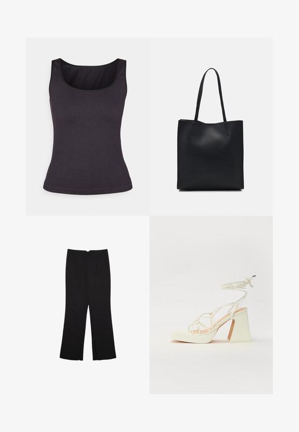 Tummanharmaa ribbikuvioinen hihaton paita, jossa on pyöreä pääntie ja ohuet olkaimet. Paidassa on tiukka malli ja sileä pinta.; Mustat housut suoralinjaisella leikkauksella, joissa on etutaskut ja sivurei'ät helman alla. Valmistettu pehmeästä ja sileästä kankaasta. Sopii eri tilaisuuksiin.; Valkoinen korkokenkä, jossa on paksu korko, ja joka sisältää nauhakiinnityksen ja nilkkaketjun. Sujuva pinta, jossa on platform-etupohja lisäkorkeutta varten.; Mustapahkainen kangaskassi, jossa on sileä pinta, suorakaiteen muotoinen ja kaksi pitkää kahvaa. Ei näkyvää metalliosaa tai koristeita.