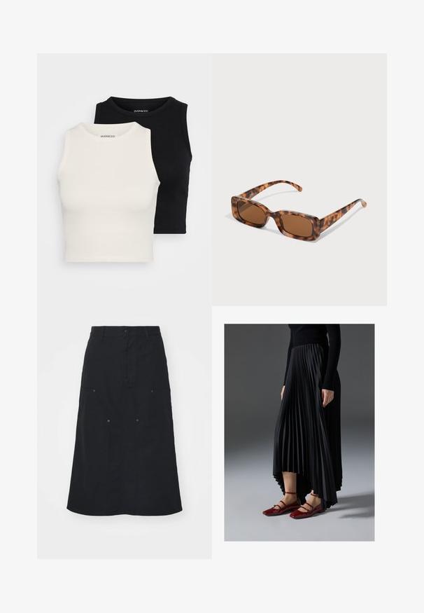 Even&Odd Petite 2 PACK - Top - black/egret; Schwarzer Rock aus Baumwolle, mit einer Vorderknopfleiste, zwei großen Taschen und einer geraden Silhouette. Sanfte Textur.; Schwarzer, plissierter Rock mit einem High-Low-Saum, kombiniert mit glänzenden roten Ballerinas mit einem Riemen-Design. Der Stoff hat eine glatte Textur.; Schildpattsonnenbrille mit rechteckigen, braunen Gläsern, einem dicken Rahmen und schmalen Bügeln, die ein Muster aus verschiedenen Brauntönen aufweisen.; Silberne Creolen mit einer glatten, polierten Oberfläche. Runder Form und sicherem Klickverschluss. Leichtes Design, geeignet für den täglichen Gebrauch.