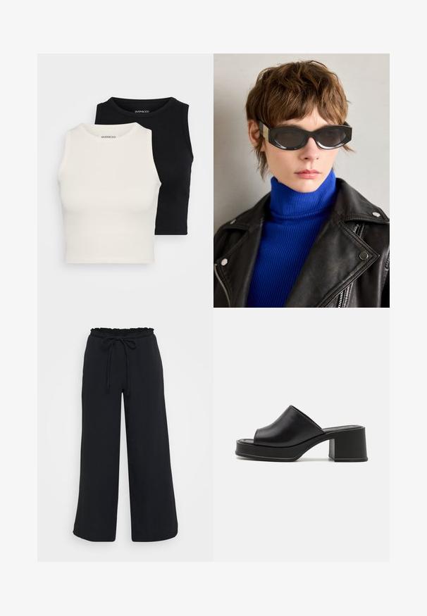 Even&Odd Petite - Top; Czarne spodnie z szerokimi nogawkami o fakturowanym wykończeniu, elastyczny pas z falbaniastymi brzegami oraz regulowany sznurek.; Czarne skórzane klapki na platformie z zaokrąglonym otwartym noskiem, niskim blokowym obcasem i gładką teksturą. Minimalistyczny design z eleganckimi liniami.; Czarne okulary przeciwsłoneczne z zaokrąglonymi krawędziami i przyciemnionymi soczewkami. Posiadają złote akcenty na zausznikach. Noszone z niebieskim swetrem z wysokim kołnierzem i skórzaną kurtką.; Srebrne kolczyki koła z motywem kokardy, o gładkim wykończeniu i polerowanej fakturze. Kompaktowy, minimalistyczny styl odpowiedni na różne okazje.