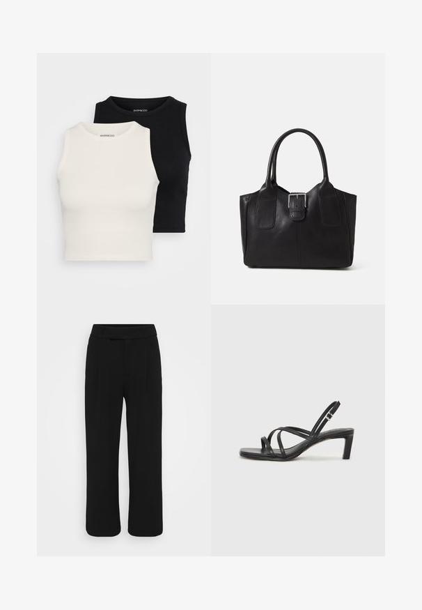 Even&Odd Petite 2 PACK - Topper - black/egret; Sorte bukser med vide ben laget av et glatt stoff, med flat front, beltehemper og uten synlige lommer. Rent, skreddersydd design.; Sorte sandaler med stropper, firkantet tå og lav blokk hæl. Har flere tynne stropper og en justerbar ankelstropp. Laget av glatt lær.; Svart skinn toteveske med jevn tekstur, strukturert form, to håndtak og en fremtredende sølvspenne foran.