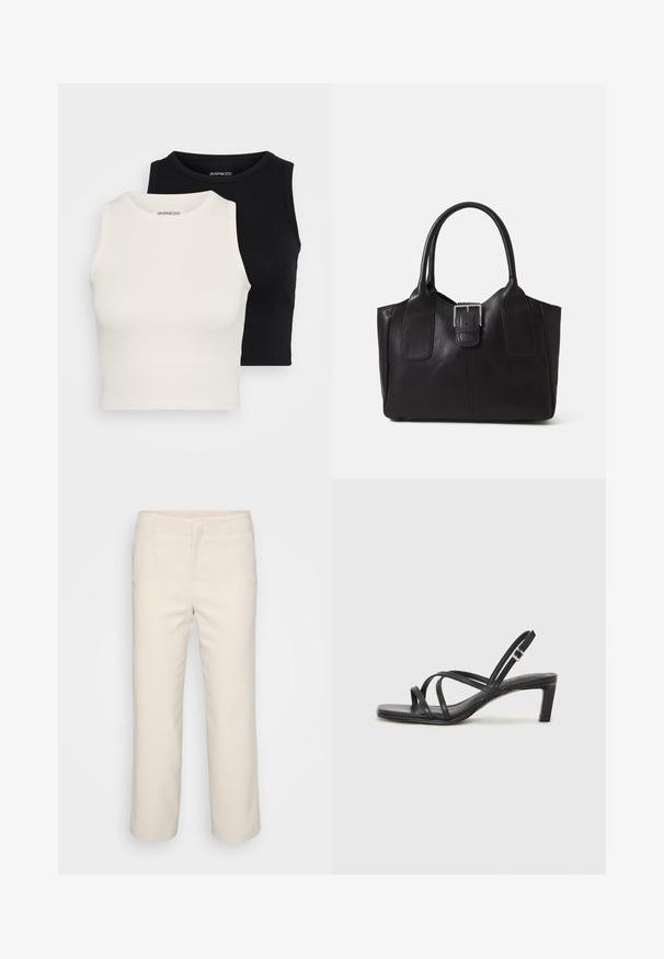 Even&Odd Petite 2 PACK - Top - black/egret; Pantaloni beige su misura con design a gamba dritta, davanti piatto e due tasche laterali. Realizzati in un tessuto liscio con finitura pulita.; Sandalo nero con cinturini, dalla punta squadrata e tacco basso a blocco. Presenta diversi cinturini sottili e una cinturini regolabile alla caviglia. Realizzato in pelle liscia.; Borsa tote in pelle nera con texture liscia, forma strutturata, due manici e un evidente dettaglio in fibbia argentata sul davanti.