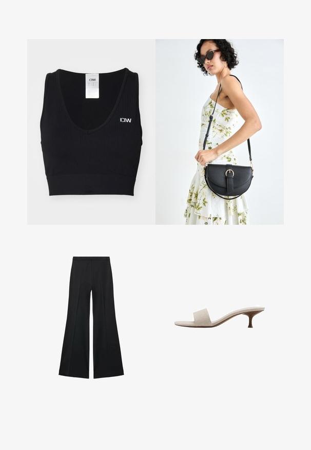 Sujeción deportiva negra con textura acanalada, escote en forma de V y tirantes anchos. Presenta un pequeño logotipo blanco en el lado izquierdo. Tejido suave y elástico.; Pantalones de pierna ancha negros con una textura suave, que presentan pliegues frontales y un diseño a medida. La tela es ligera y fluida.; Sandalia sin tacón con una parte superior de tela tejida beige, punta abierta y una suela media curva de madera. El diseño presenta una textura suave y una forma minimalista.; Bolso de piel negra con forma curva, correa desmontable y herrajes dorados. El bolso cuenta con una solapa con un detalle de hebilla.