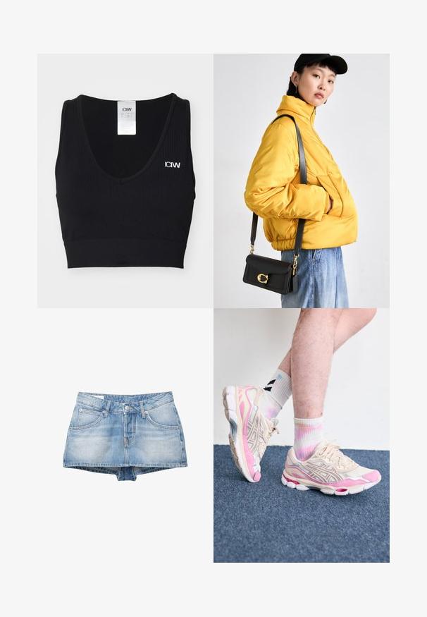 Sutien sport negru cu nervuri, cu decolteu în formă de V și bretele late. Prezintă un mic logo alb pe partea stângă. Material moale și elastic.; Șorturi din denim în bleu deschis cu un aspect decolorat. Au cinci buzunare și o închidere cu nasture în față. Croi clasic cu o margine dreaptă.; Sneakers atletice bej și roz cu accente argintii, suprapuneri din plasă și o talpă groasă. Purtați cu șosete colorate, tie-dye.; Geacă galbenă căptușită cu guler înalt și buzunar frontal, asociată cu o geantă de umăr neagră cu accesorii aurii. Pantaloni casual din denim.