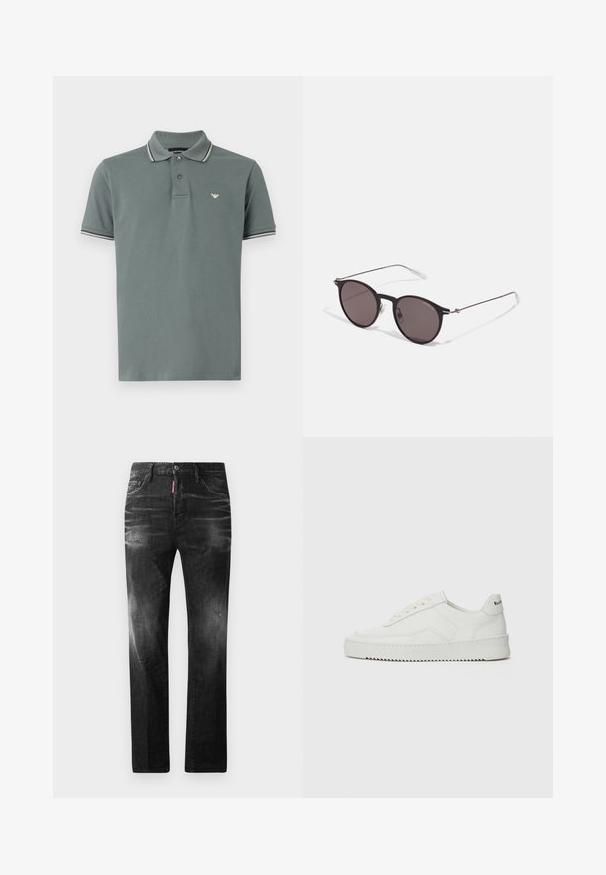 Emporio Armani Polo marškinėliai - balsam green; Juodi džinsai su tiesiu kirpimu. Spalvoti svyrantys plotai, šiek tiek sugadinti, klasikinis penkių kišenių dizainas ir mygtuko uždarymas.; Balti odiniai sportiniai bateliai su lygia apdaila, apvaliu pirštu, plokščiais raišteliais ir tekstūruotu padu. Pasižymi subtiliu logotipu ant kulno.; Juodos apvalios saulės akinių su tamsiais lęšiais ir plonomis metalinėmis šakomis. Įtraukti skaidrūs šventyklų galai ir sidabriniai akcentai vyrio srityje. Minimalistinis dizainas.