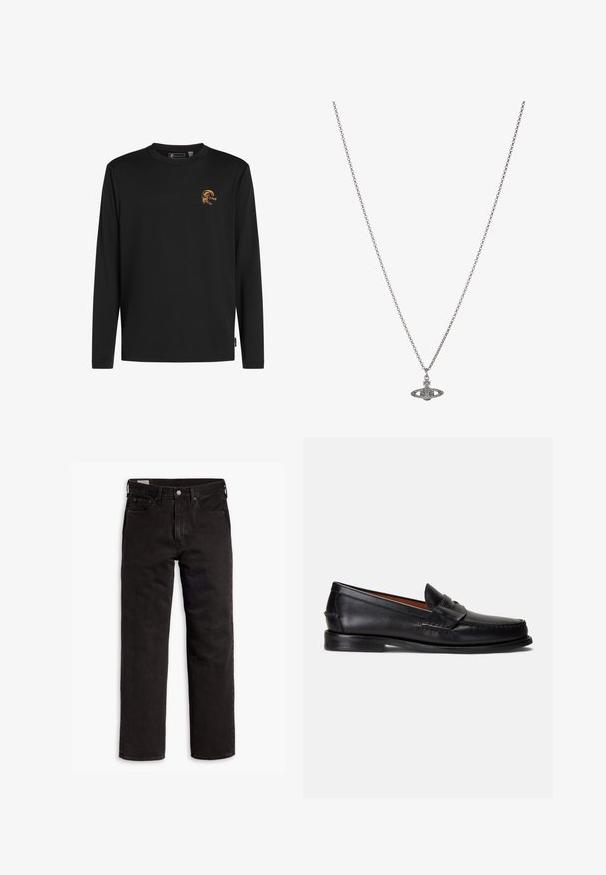 Schwarzes Langarm-T-Shirt aus Baumwolle. Mit einem orangefarbenen Grafikdesign auf der Brust und dem Text "O'Neill." Standard-Halsausschnitt.; Schwarze gerade Jeans aus Denim mit fünf Taschen, Knopfverschluss und Gürtelschlaufen, flach auf einem weißen Hintergrund ausgelegt.; Schwarze Lederloafer mit glatter Oberfläche, abgerundetem Zehenbereich und dekorativem Riemen über dem Spann. Verfügt über eine flache schwarze Sohle.; Silberne Kettenhalskette mit einem detaillierten Anhänger in Form eines Planeten, verziert mit kleinen Akzenten und kunstvollen Mustern.