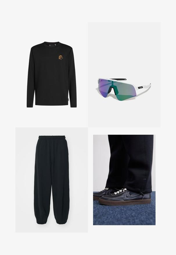 Černé tričko s dlouhým rukávem vyrobené z bavlny. Na hrudi má oranžový grafický design s nápisem "O'Neill." Standardní kulatý výstřih.; Černé teplákové kalhoty s elastickým pasem, volným střihem, manžetami na kotnících, hladkým povrchem a bez viditelných vzorů či kovových detailů.; Nike Sportswear KILLSHOT 2 LTR PRM OPP2 - Tenisky - black sail baroque brown mtlc dk grey; Sportovní sluneční brýle s bílým rámem a velkými gradientními skly, které mají fialové a zelené odstíny; ostrý hranatý design s centrálním mostem na nose.