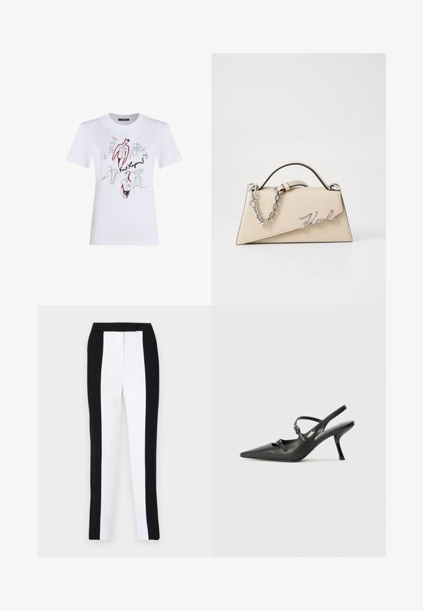 Weißes Baumwoll-T-Shirt mit schwarzen und roten künstlerischen Skizzen von Kleidungsstücken und Figuren, mit handschriftlichen Notizen und Unterschriften.; Schwarz-weiße tapered Hosen mit schlankem Schnitt und kontrastierenden Paneelen. Der Stoff hat eine glatte Textur; der Bund ist flach und enganliegend.; Schwarzlederne Slingback-Absätze mit spitzer Zehenform, schlankem Absatz und dekorativem Schnallendetail auf dem Blatt. Glatte Textur und elegantes Design.; Beige Leder-Handtasche mit einer strukturierten, dreieckigen Form, ausgestattet mit einem silbernen Kettenhenkel und einem geschwungenen Logo aus Metall.