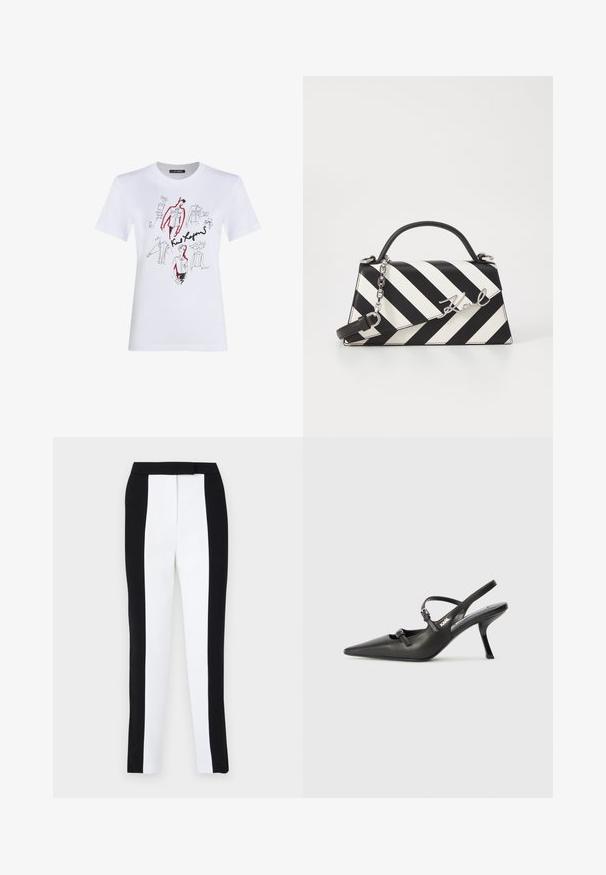 Camiseta de algodón blanca con bocetos artísticos en negro y rojo de prendas y figuras, acompañados de notas y firmas manuscritas.; Pantalones ajustados de corte tapered en blanco y negro, con un ajuste slim y paneles en contraste. La tela tiene una textura suave; la cinturilla es plana y ajustada.; Tacones slingback de cuero negro con punta afilada, tacón delgado y detalle decorativo de hebilla en la parte superior. Textura suave y diseño elegante.; Bolso de mano a rayas en blanco y negro con una forma estructurada, que cuenta con un asa superior, una correa de cadena desmontable y un acento de logo metálico.
