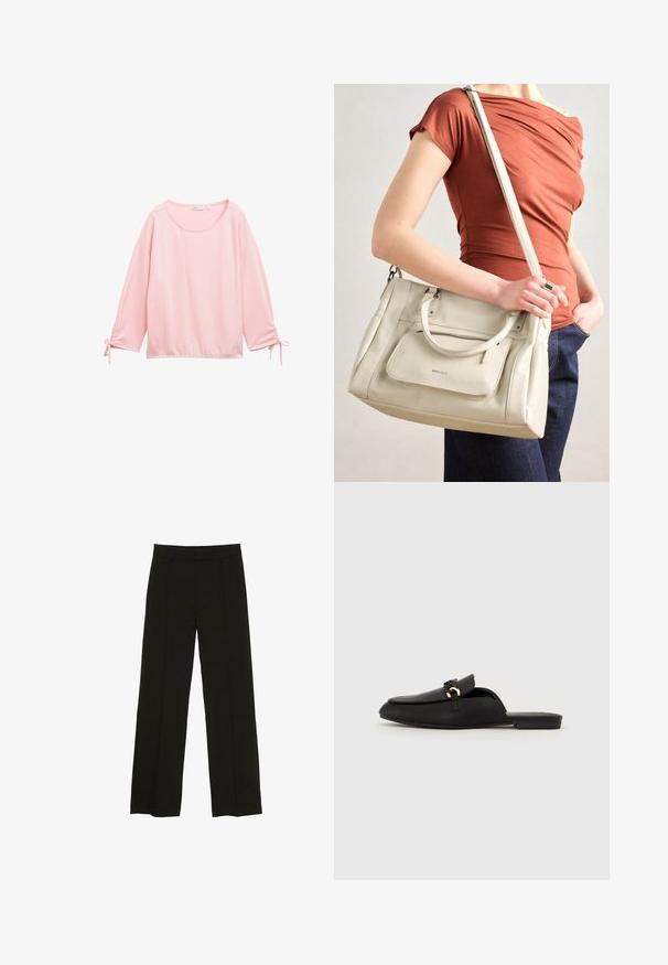 Lyserød langærmet top med en tekstureret, ribbet design. Har en rund halsudskæring og samling ved håndleddene med snører.; Sorte brede bukser lavet af et glat stof, med en tætsiddende talje og subtile frontfolder for ekstra tekstur.; Sort slip-on sko lavet af glat læder. Har en rund tå, en dekorativ vævet strop og en lille guldfarvet detalje. Flad sål.; Hvid lædertaske med dobbelte hanke og en aftagelig skulderrem, der har en lynlåslomme foran og en glat overflade. Bæres på en persons arm.