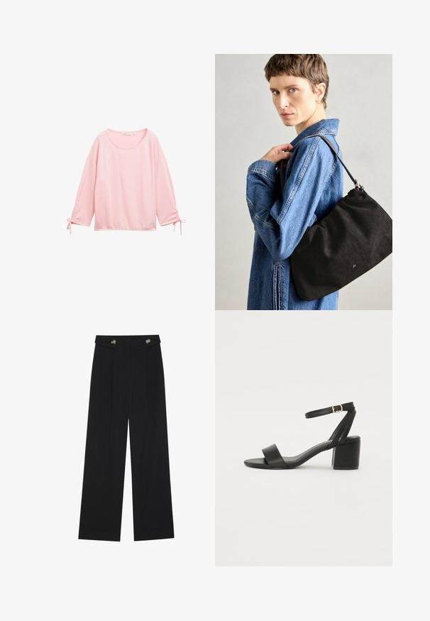Roze longsleeve top met een gestructureerd, geribbeld ontwerp. Beschikt over een ronde halslijn en gatheringdetails bij de polsen met strikjes.; Zwarte wijde broek met hoge taille, knoopdetails op de tailleband en plooien aan de voorkant.; Zwarte hoge sandaal met een soepel leren bovenkant, een open teen, brede voorkruisbanden en een verstelbare enkelband met een gouden gespdetail.; Zwarte suède handtas met een zachte, gestructureerde vorm, voorzien van een slanke leren schouderband en een subtiel merklogo. Model draagt een spijkerjack.