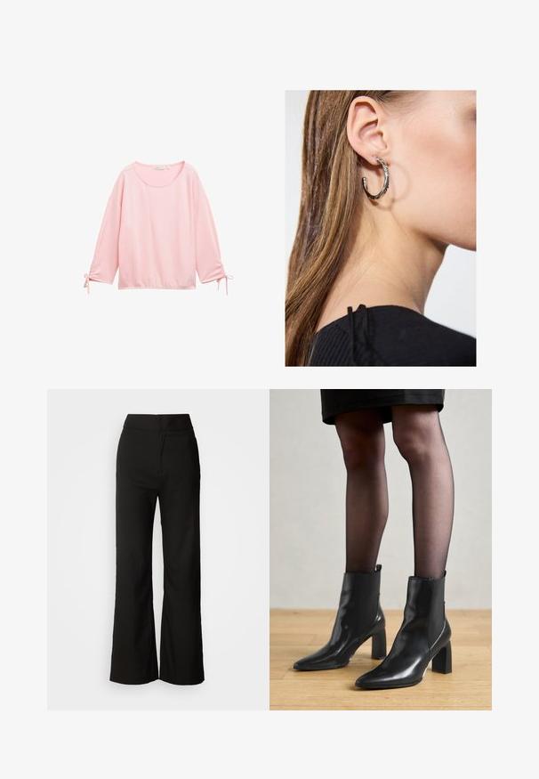 Ružový dlhý rukáv s textúrovaným, rebrovaným dizajnom. Má okrúhly výstrih a zhromaždené detaily na zápästiach so šnúrkami.; Čierne široké nohavice s hladkou textúrou, vysokým pásom a jednoduchým dizajnom. Žiadne viditeľné vrecká ani ozdoby.; Čierne kožené členkové topánky s špicatou špičkou, robustný štvorcový opätok a elegantný dizajn. Obsahujú elastické bočné panely pre jednoduché obúvanie.; Strieborná kruhová náušnica s lesklým povrchom, obsahujúca malé zlaté akcenty a okrúhly tvar, nosená na lalôčiku ucha.