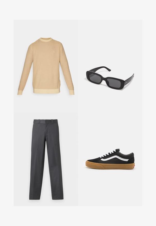 Beige strikket genser med rund hals, ribbestrikkede mansjetter og nederkant. Har en subtil tekstur og en liten logo på forsiden.; Grå bukser laget av glatt stoff, med en rett ben-design, knappelukking og beltehemper; minimale sømmer og uten mønster.; Svarte semskete joggesko med hvit side stripe, hvite snørebånd og såle i gummigummi. Klassisk lavt design med teksturerte detaljer og rund tå.; Sorte rektangulære solbriller med mørke linser, glatte plastrammer og brede stenger. Subtil merkevare på siden.; Svart crossover-veske med en glidelåslomme, rektangulær form, laget av stoff, med et logo-påbud på forsiden, justerbar skulderrem.