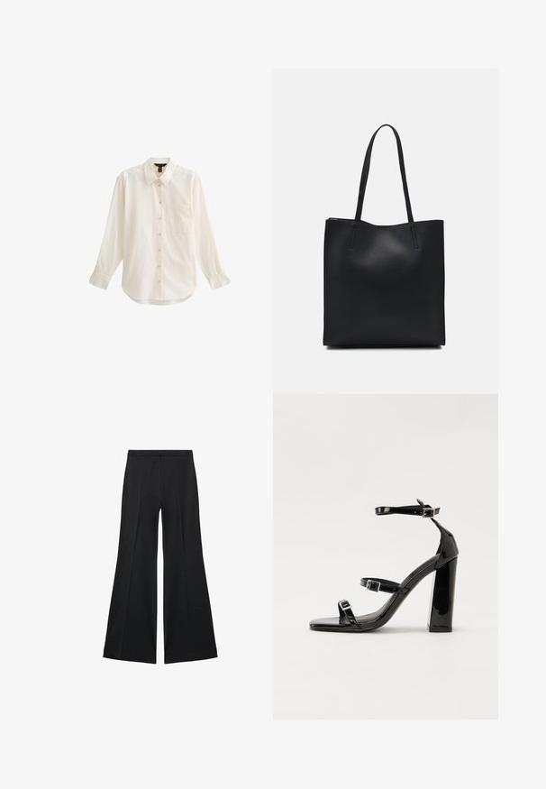 Camicetta chiara a maniche lunghe con bottoni, caratterizzata da un colletto, una tasca sul petto e una consistenza morbida con orlo leggermente curvo.; Pantaloni neri a gamba larga con una texture liscia, caratterizzati da pieghe frontali e un design sartoriale. Il tessuto è leggero e fluido.; Sandali con tacco alto in vernice nera con due cinturini con fibbia, punta quadrata e tacco spesso a blocco, caratterizzati da una texture liscia e lucida.; Borsa tote in pelle nera con texture liscia, forma rettangolare e due manici lunghi. Nessun hardware o decorazione visibile.