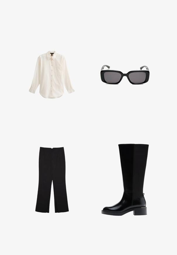 Camicetta chiara a maniche lunghe con bottoni, caratterizzata da un colletto, una tasca sul petto e una consistenza morbida con orlo leggermente curvo.; Pantaloni neri a gamba dritta, con tasche frontali e spacchi laterali all'orlo. Realizzati in tessuto morbido e liscio. Adatti a diverse occasioni.; Stivale nero fino al ginocchio in pelle liscia, con evidenti cuciture, tacco spesso e pannello posteriore testurizzato per un tocco di interesse in più.; Occhiali da sole neri rettangolari con lenti scure, montatura in plastica liscia e tempie curve. Il design è voluminoso con un'estetica minimalista.