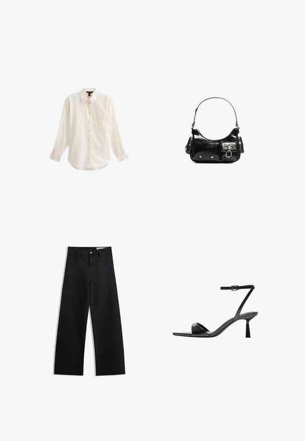 Light-colored, long-sleeve button-up shirt featuring a collar, single chest pocket, and a soft texture with a slightly curved hem.; Black wide-leg denim pants with a high waist, featuring front and back pockets, stitched seams, and a button closure. Smooth texture.; Bershka High heeled sandals - black; Black patent leather handbag with a curved shape, one shoulder strap, front pockets, and silver-tone hardware accents.