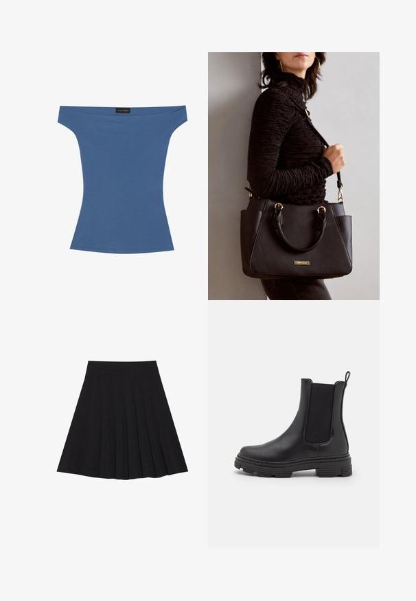 Top bez ramienok z jemne modrej látky, priliehavý strih s krátkymi rukávmi a hladkou textúrou. Nálepka umiestnená na dekolte.; Čierna plisovaná sukňa vyrobená z textúrovanej látky s priliehavým pásom. Padá do dĺžky po kolená a má hladký, čistý siluetu.; Čierne kožené členkové čižmy s elastickými bočnými panelmi, zaoblenou špičkou a textúrovanou gumovou podrážkou. Obsahuje slučku na zadnej strane pre jednoduché obúvanie.; Čierna kabelka s textúrovaným povrchom, dvojitými hornými rúčkami a nastaviteľným ramenným popruhom. Obsahuje zlaté kovanie a bočné vrecká.
