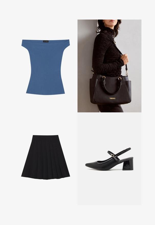 Top bez ramienok z jemne modrej látky, priliehavý strih s krátkymi rukávmi a hladkou textúrou. Nálepka umiestnená na dekolte.; Čierna plisovaná sukňa vyrobená z textúrovanej látky s priliehavým pásom. Padá do dĺžky po kolená a má hladký, čistý siluetu.; Čierne lakované kožené lodičky so slingback dizajnom, špicatou špičkou, zaobleným výrezom a blokovým podpätkom. Obsahuje akcent zlatého tónu s prackou.; Čierna kabelka s textúrovaným povrchom, dvojitými hornými rúčkami a nastaviteľným ramenným popruhom. Obsahuje zlaté kovanie a bočné vrecká.