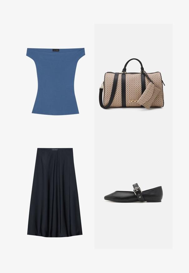 Váll nélküli top puha kék anyagból, testhezálló fazon rövid ujjal és sima textúrával. Címke a nyaknál elhelyezve.; Fekete, térdig érő szoknya könnyű anyagból, laza formával. Simább textúrával rendelkezik, és finom redők díszítik a részleteket.; Fekete bőr balerina cipő hegyes orral, oldalsó pánttal, ezüst csattal és alacsony sarkal. Simább textúrájú és minimalista dizájn.; Beige mintás külsővel rendelkező sporttáska, fekete bőr pántokkal, arany színű fém kiegészítőkkel, és egy kis illeszkedő tárolóval, ami hozzá van erősítve. Strukturált dizájn.; Aranyszínű, téglalap alakú karóra fehér számlappal, ezüstszínű óránymarkerekkel és strapabíró fém láncszíjjal. Vízálló funkcióval rendelkezik.