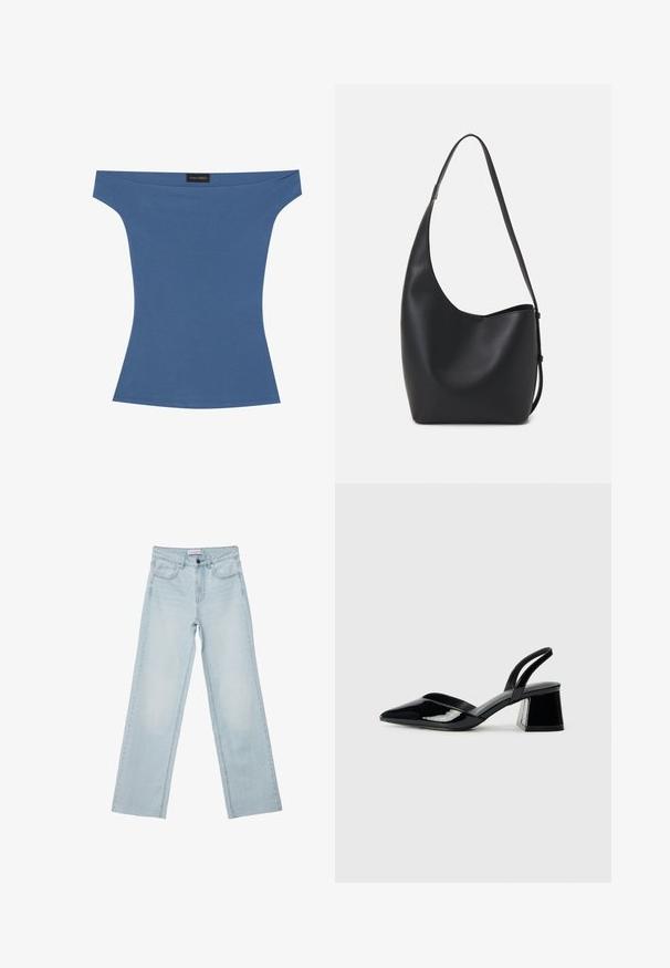 Top bez naramenica od mekog plavog materijala, prilagođenog dizajna s kratkim rukavima i glatkom teksturom. Oznaka prikazana na izrezu.; Svijetloplave široke traperice s pet džepova, dugmadi za zatvaranje i izblijedjelim detaljima. Klasičan ravni kroj s opuštenim fitom.; Crne lakirane kožne sandale s otvorenom petom i špicastim vrhom, s geometrijskom blok petom. Imaju elegantan, minimalistički dizajn i glatku teksturu.; Crna kožna hobo torba s glatkom teksturom, zakrivljenim oblikom i jednom podesivom trakicom; ima širok otvor na vrhu.