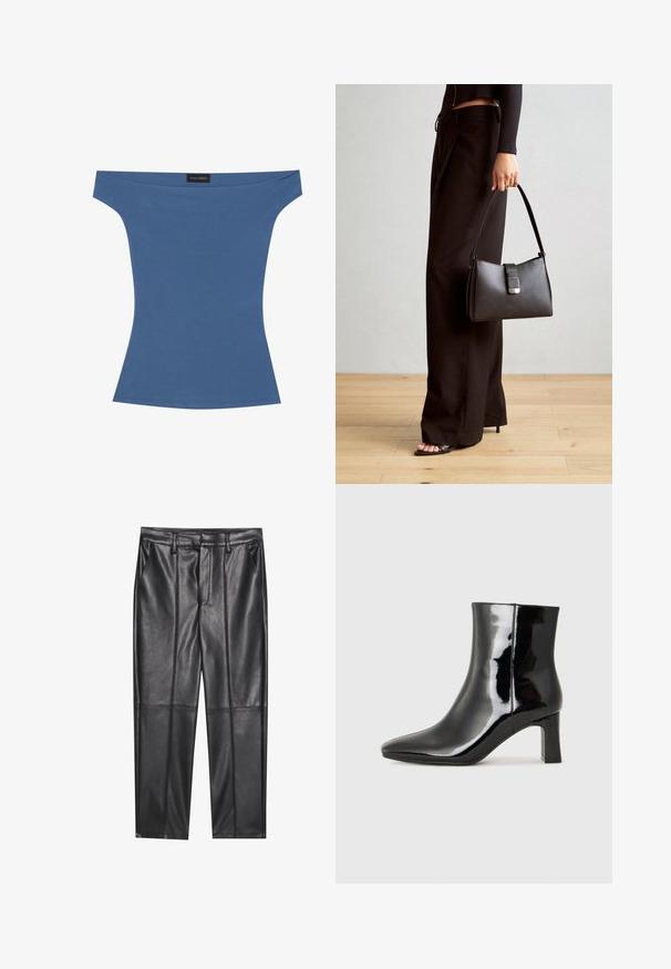 Off-the-shoulder topp i myk blått stoff, tettsittende design med korte ermer og en glatt tekstur. Merket vises ved halslinningen.; Sorte lærbukser med en glat tekstur, der har en lige pasform, to forlommer og synlige sømdetaljer.; Sorte patentlær ankle boot med spiss tå og en mellomhøy blokkhelt. Glatt tekstur og minimalistisk design.; Svart håndveske med strukturert form, jevn tekstur og metallisk lås. Kombinert med brede svarte bukser og sandaler med åpen tå på tregulv.