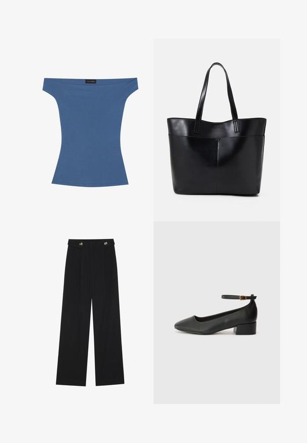 Paita off-the-shoulder dalam kain biru lembut, reka bentuk yang fit dengan lengan pendek, dan tekstur yang halus. Label dipaparkan di neckline.; Mustat leveälahkeiset housut, joissa on korkea vyötärö, napit vyötärönauhassa ja etupuolella laskokset.; Mustat nahkakengät, joissa on terävä kärki ja matala lohkare korko. Varustettu nilkkahihnalla, jossa on kultasävyinen solki. Lisää sileä pinta.; Musta nahkainen kassi, jossa on kaksi pitkää kahvaa, sileä pinta ja jämäkkä muoto. Sisältää etutaskun lisävarastointia varten.