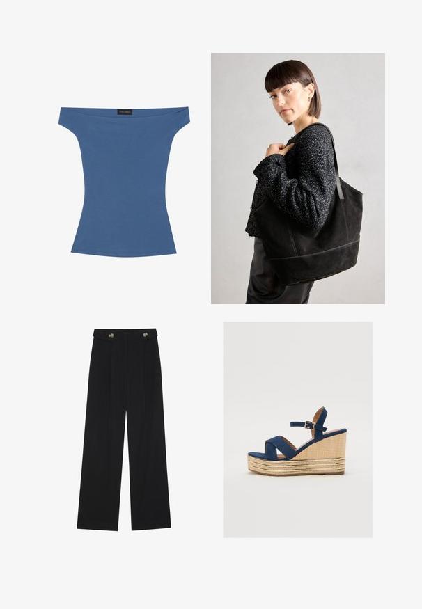 T-shirt de ombros descobertos em tecido azul suave, design ajustado com mangas curtas e uma textura suave. Etiqueta exibida na gola.; Calças largas pretas com cintura alta, detalhes em botão na cintura e pregas frontais.; Sandal com saltos em azul marinho, com tiras cruzadas, uma plataforma de fibra natural texturizada e um detalhe metálico dourado na base.; Bolsa tote preta de camurça com uma textura suave, forma estruturada e costura contrastante. Possui alças longas para ser transportada ao ombro.