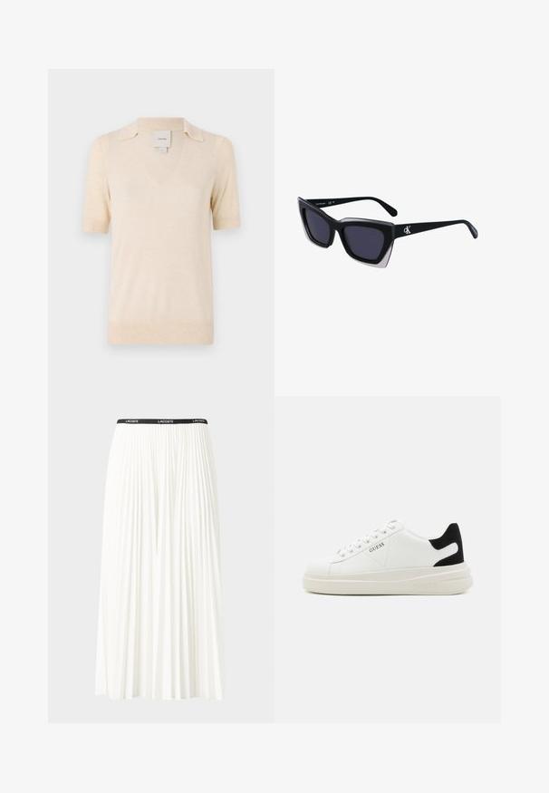 Krēmbalti īsām piedurknēm polo krekls, kas izgatavots no mīksta auduma, ar V-veida kakla izgriezumu un niansētu apkakles dizainu.; Gari plānas baltas svārku ar melnu elastīgu jostu, uz kuras redzams "LACOSTE" logo. Vidēja garuma dizains ar mīkstu tekstūru.; Baltas ādas sporta apavi ar biezu balto zoli, melna zamša uzpura un izspiestais logotips sānos. Šņorējuma dizains ar sešiem acu caurumiem.; Melni pārmēru saulesbrilles ar ģeometrisku formu, kas aprīkotas ar tumšiem stikliem un kontrastējošu pelēku akcentu uz rāmja. Logo uz kājas.