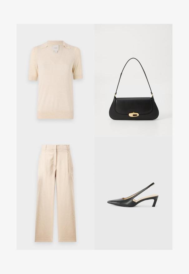 Kremfarget kortermet polo skjorte laget av mykt stoff, med V-hals og en subtil kragedesign.; Beige bukser laget av glatt stoff. Har en rett kutt, flat front og to folder. Ingen synlige mønstre eller beslag.; Svart spiss tå slingback-sko med lav hæl, laget av jevnt skinnmateriale og med utskåret design på siden for pusteevne.; Svart lærveske med en buet design, gullfarget hardware og et håndtak på toppen. Har en elegant lukking og glatt tekstur.