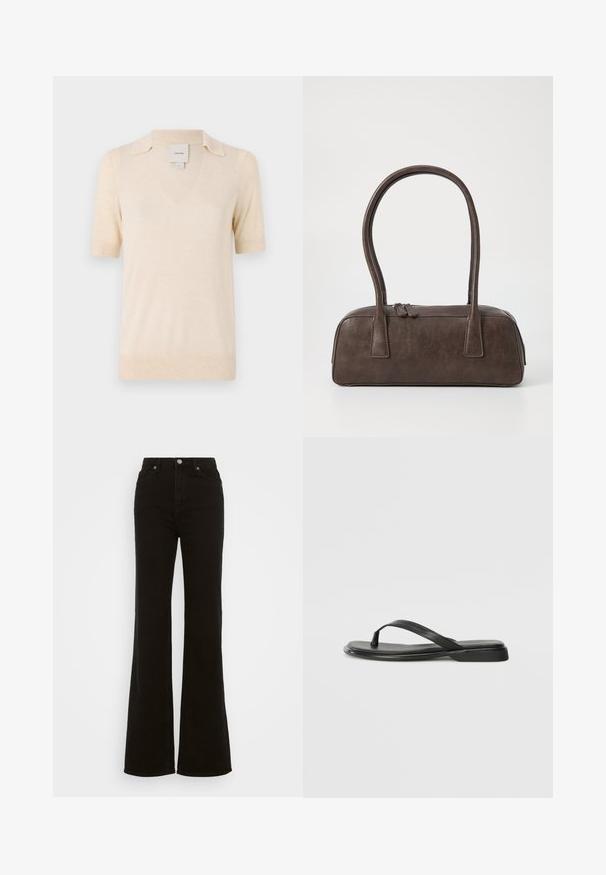 Kreminės spalvos trumpomis rankovėmis polo marškiniai, pagaminti iš minkštos medžiagos, su V formos iškirpte ir subtiliu apykaklės dizainu.; Juodos džinsinės kelnės su aukštu liemeniu, platėjančios, turinčios mygtuko užsegimą, šonines kišenes ir lygų paviršių.; Juodos šlepetės, pagamintos iš lygios odos, su plona dirželių konstrukcija ir plokščiu padu, turinčiu minimalų profilį. Be pastebimų raštų ar akcentų.; Ruda odinė rankinė su dviem tvirtais rankenėlėmis, stačiakampio formos, lygi tekstūra ir užtrauktuku. Minimalistinis dizainas be matomų raštų.