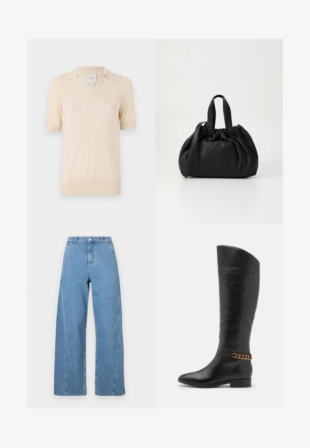 Kremasti polo s kratkim rukavima izrađen od mekog materijala, sa V-izrezom i suptilnim dizajnom ovratnika.; Svijetloplave široke traperice, izrađene od denima, s visokim strukom, ravnim krojem i kontrastnim šavovima.; Visoke crne kožne čizme s elegantnim dizajnom, šiljastim vrhom i zlatnim lančićem oko gležnja. Nizak blok potpetica. Glatka tekstura.; Crna kožna torba s nabranim dizajnom na vrhu, s dva kratka ručka i dugim podesivim remenom. Glatka tekstura, zaobljen oblik.