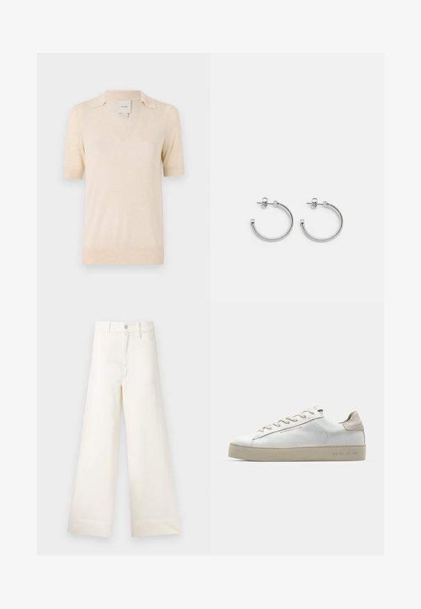 Crème-kleurige polo met korte mouwen, gemaakt van zachte stof, met een V-hals en een subtiele kraagontwerp.; Bredere broek van lichtbeige katoen. Heeft een hoge taille, voorzakken en een rechte snit. Schoon afgewerkte zoom zonder patronen.; Witte leren sneaker met een glanzende afwerking, beige suède accenten, ronde neus, platte vetersluiting en een getextureerde rubberen zool.; Zilveren ringoorbellen met een gedetailleerd touwontwerp, voorzien van platte vierkante sluithardware, wat zorgt voor een minimalistische en moderne uitstraling.
