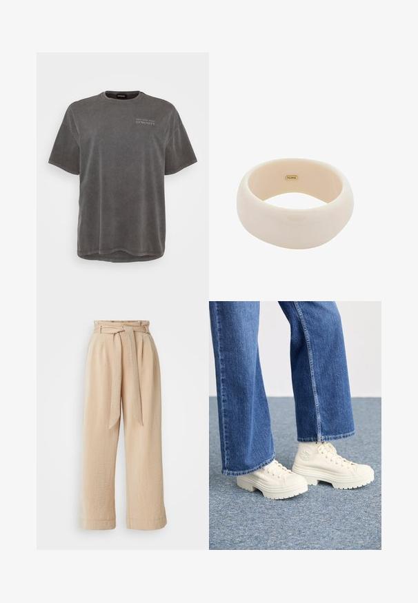 Harmaa puuvillapaita, jossa on lyhyet hihat, pyöreä pääntie ja hieman pidempi selkäosa. Edessä on pieni painettu teksti.; Beige leveled pants dengan pinggang bertali, terbuat dari kain berpola. Memiliki lipatan depan dan finishing halus di sepanjang tepi.; Valkoiset korkeavartiset lenkkarit paksuilla, uritettuilla pohjilla ja pyöreällä logodetallilla, yhdistettynä vaaleansinisiin leveisiin farkkuihin.; Kiiltävä beige rannerenka, joka on valmistettu sileästä hartsista. Pyöreä muoto, jossa on tasainen pinta ja pieni kulta-logo sisäpinnalla.