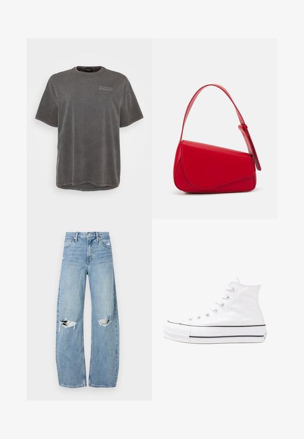 Siva pamučna majica kratkih rukava, s okruglim izrezom i blago produženom stražnjom stranom. Ima mali tiskani natpis sprijeda.; Svijetloplave, visoko-strukirane traperice. Imaju široke nogavice, dva razderana područja na koljenima i klasičan stil s pet džepova.; Bijela visoka platnena tenisica s crnom gumenom potplatom, prednjim gumenim zaštitnikom prstiju i šest rupa za vezanje, s čistim, minimalističkim dizajnom.; Crvena kožna torba s kutnim, geometrijskim dizajnom. Ima jedan podesivi remen i preklopni zatvarač sa šivenim detaljima.