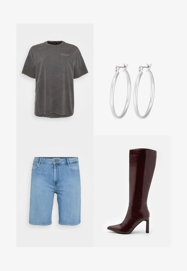 Grå bomulds t-shirt med korte ærmer, rund halsudskæring og en let forlænget bagside. Har en lille trykt tekst på forsiden.; Lys blå denim shorts med klassisk pasform, der har en frontknaplukning, bæltestropper og to sidelommer. Glat tekstur og lige kant.; Even&Odd Høje støvler/ Støvler - dark red; Sølv hoop øreringe med en glat, poleret overflade. Rund form og sikker klik-lukning. Letvægtsdesign, der er velegnet til hverdagsbrug.