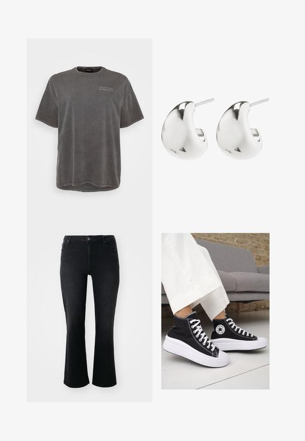 Camiseta de algodón gris con mangas cortas, escote redondo y una parte trasera ligeramente elongada. Presenta un pequeño texto impreso en la parte delantera.; Pantalones vaqueros de mezclilla negra con cintura media, botón delantero, dos bolsillos frontales, dos bolsillos traseros y corte de pernera acampanada.; Zapatillas altas de lona negra con suelas y cordones de goma blanca. Presentan un logo circular en el lateral y costuras blancas en contraste.; Pendientes de plata en forma de tuerca con un diseño liso y curvado. Cuentan con un acabado pulido y un cierre de presión para un uso seguro.